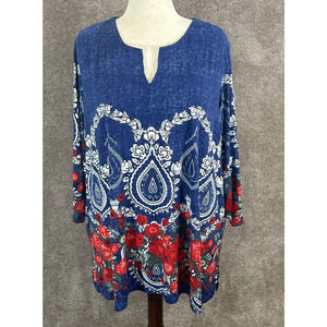 Ali Miles Top Womens 3x Blue Red Floral Artsy V Neck Pullover 3/4 Sleeve Blouse